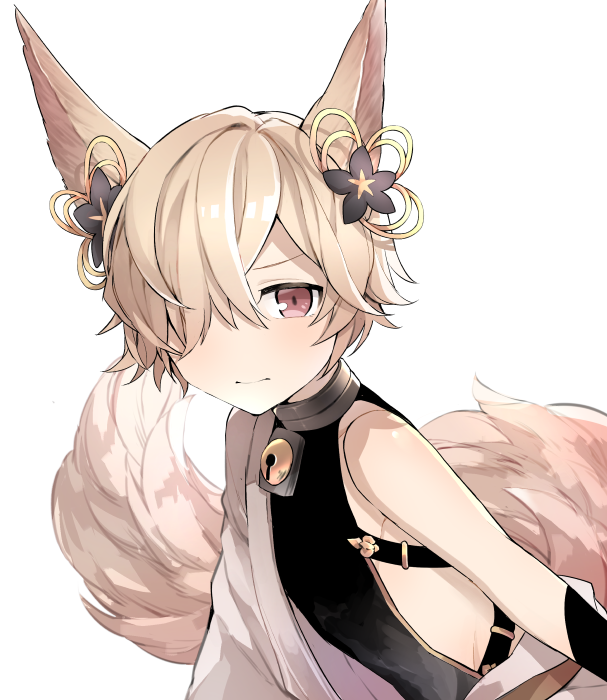 1boy, animal_ears, backless_outfit, blonde_hair, blush, collar, erune, fox_ears