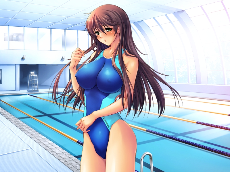 breasts, brown_hair, competition_swimsuit, erect_nipples, green_eyes, kashiwazaki_nana, large_breasts, long_hair