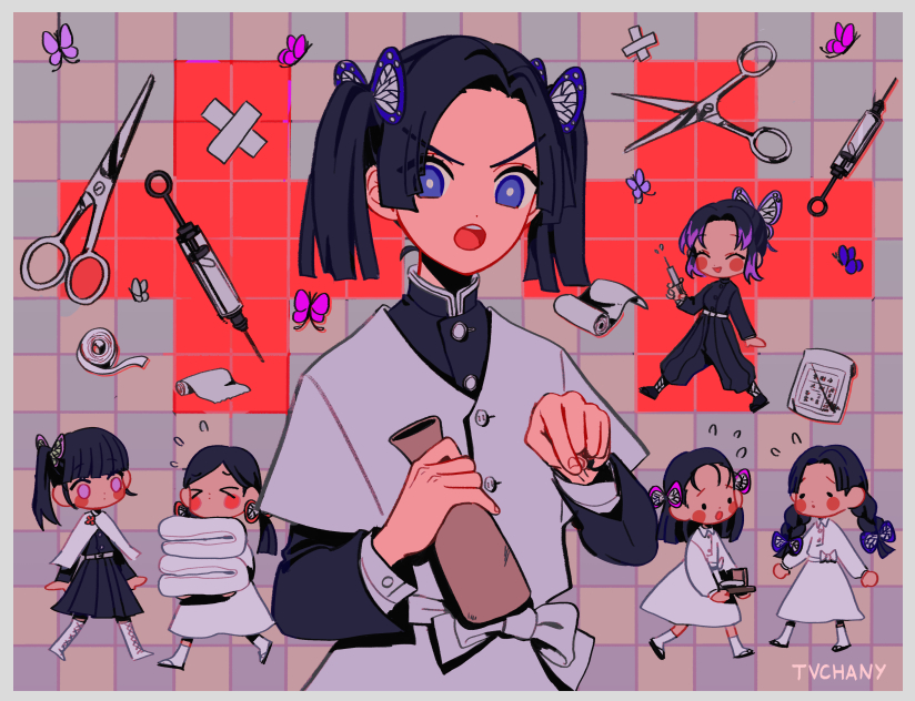 >_<, 6+girls, :o, ^_^, bag, bandages, bangs, black_footwear, black_hair, blanket, blue_eyes, blunt_bangs, blush_stickers, boots, border, bottle, bow, braid, bug, butterfly, butterfly_hair_ornament, carrying, checkered, checkered_background, chibi, cloak, closed_eyes, cross, dress, flying_sweatdrops, hair_ornament, holding, holding_blanket, holding_syringe, insect, kanzaki_aoi_(kimetsu_no_yaiba), kimetsu_no_yaiba, knee_boots, kochou_shinobu, long_hair, long_sleeves, looking_at_viewer, medium_hair, multicolored_hair, multiple_girls, myon_(tokipi), nakahara_sumi, pants, paper_bag, parted_bangs, pleated_pants, pleated_skirt, pointing, pointing_at_viewer, purple_hair, red_cross, scissors, scroll, sidelocks, skirt, socks, syringe, takada_naho, terauchi_kiyo, tsuyuri_kanao, twin_braids, twintails, two-tone_hair, uniform, violet_eyes, walking, white_bow, white_cloak, white_dress, white_footwear, white_legwear