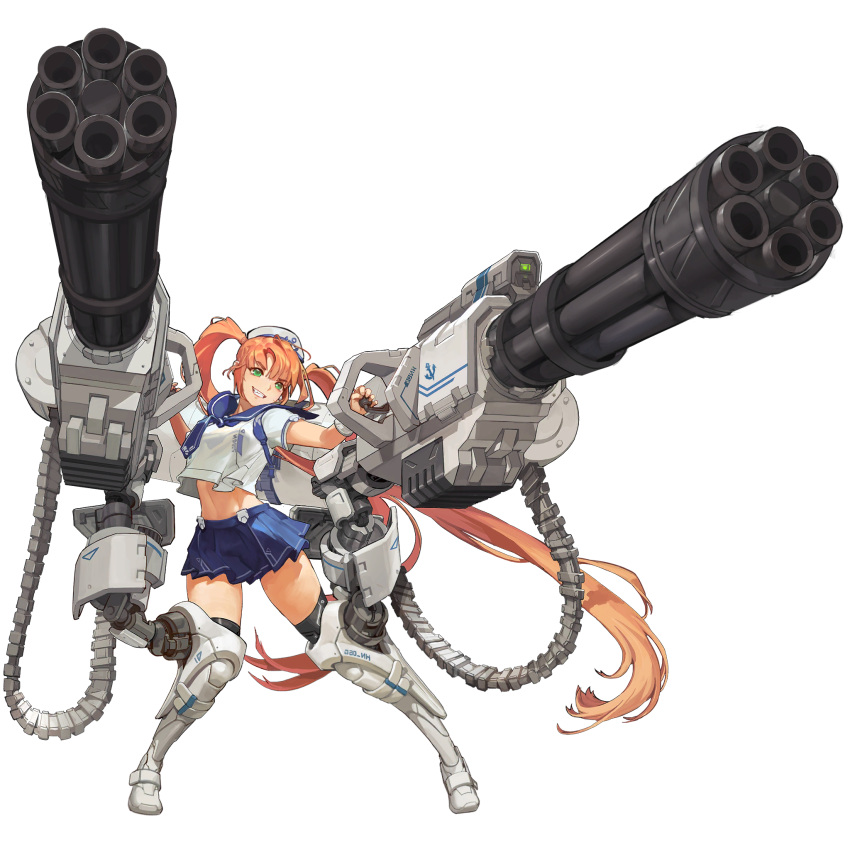1girl, ag-1_nereid, ammunition_belt, armored_boots, backpack, bag, black_legwear, boots, brown_hair, cannon, gatling_gun, green_eyes, grin, gun, hat, highres, holding, holding_gun, holding_strap, holding_weapon, huge_weapon, last_origin, long_hair, midriff, miniskirt, official_art, oversized_object, sailor_collar, sailor_hat, sailor_shirt, shirt, skirt, smile, solo, thigh-highs, transparent_background, twintails, very_long_hair, weapon, zettai_ryouiki
