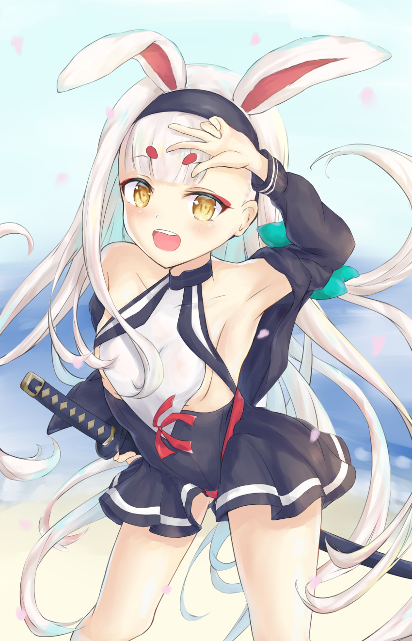 1girl, absurdres, animal_ears, arm_up, armpits, azur_lane, bikini_bottom, black_jacket