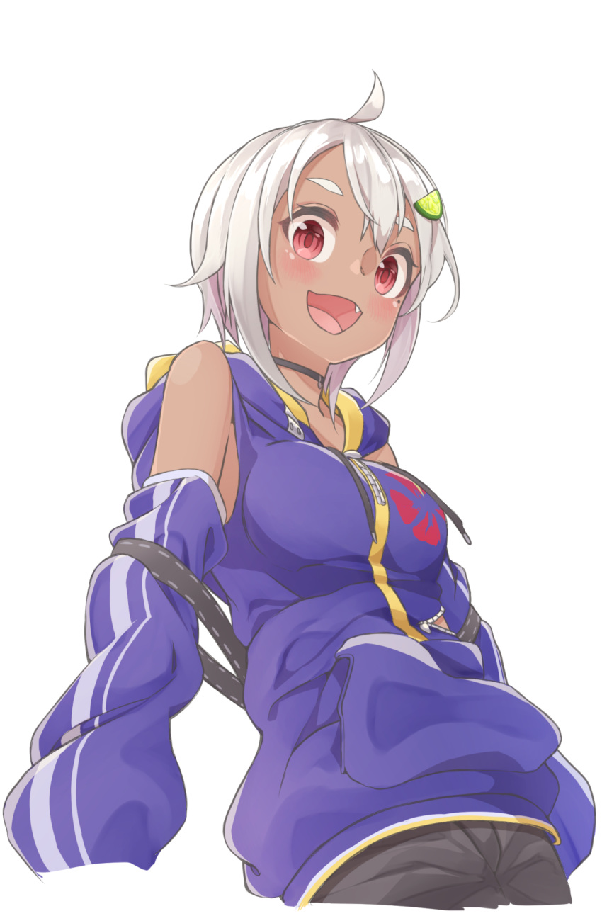 12_graka, 1girl, ahoge, blush, breasts, dark_skin, detached_sleeves, fang