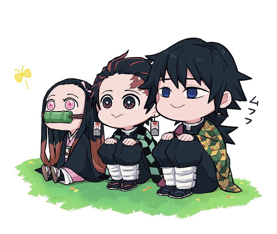 1girl, 2boys, :>, bamboo, bangs, bit_gag, black_hair, black_legwear, blue_eyes, brown_eyes, brown_hair, checkered, chibi, closed_mouth, earrings, empty_eyes, facial_scar, full_body, gag, grass, hair_ribbon, hair_slicked_back, haori, japanese_clothes, jewelry, kamado_nezuko, kamado_tanjirou, kimetsu_no_yaiba, kimono, kimoto624, knees_up, leg_wrap, long_hair, long_sleeves, looking_away, mouth_hold, multicolored_hair, multiple_boys, obi, on_ground, outstretched_leg, pants, pink_eyes, pink_kimono, pink_ribbon, ribbon, sash, scar, side-by-side, sword, tabi, tomioka_giyuu, two-tone_hair, uniform, very_long_hair, waraji, weapon, white_background, white_legwear