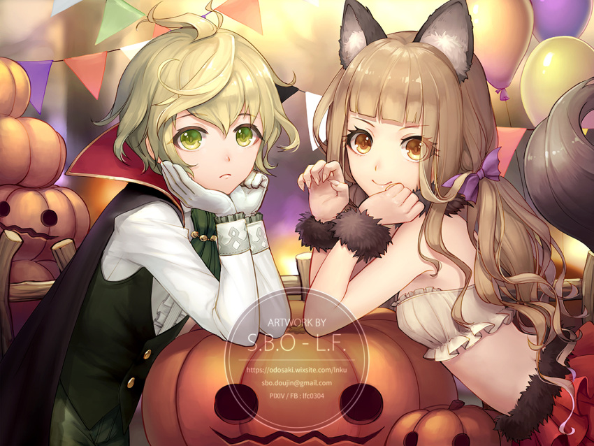 1boy, 1girl, ahoge, animal_ears, arm_support, balloon, blonde_hair, cape