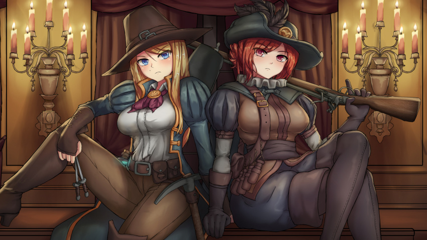 2girls, belt, belt_pouch, black_gloves, blonde_hair, blue_eyes, breasts, brown_gloves, brown_pants, candle, candlestand, collar, crossed_legs, darkest_dungeon, fingerless_gloves, frilled_collar, frills, frown, gloves, graverobber_(darkest_dungeon), gun, hat, hat_feather, highres, ilpybot, indoors, knife, korean_commentary, long_hair, long_sleeves, looking_at_viewer, medium_breasts, multiple_girls, pants, pickaxe, potion, pouch, puffy_long_sleeves, puffy_sleeves, redhead, short_hair, shovel, sitting, throwing_knife, weapon