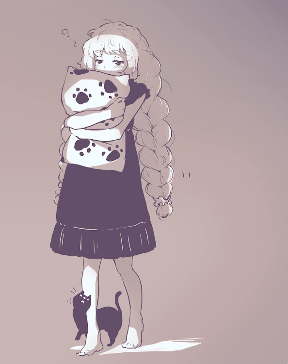 1girl, animal, bare_legs, barefoot, black_cat, braid, cat, dress