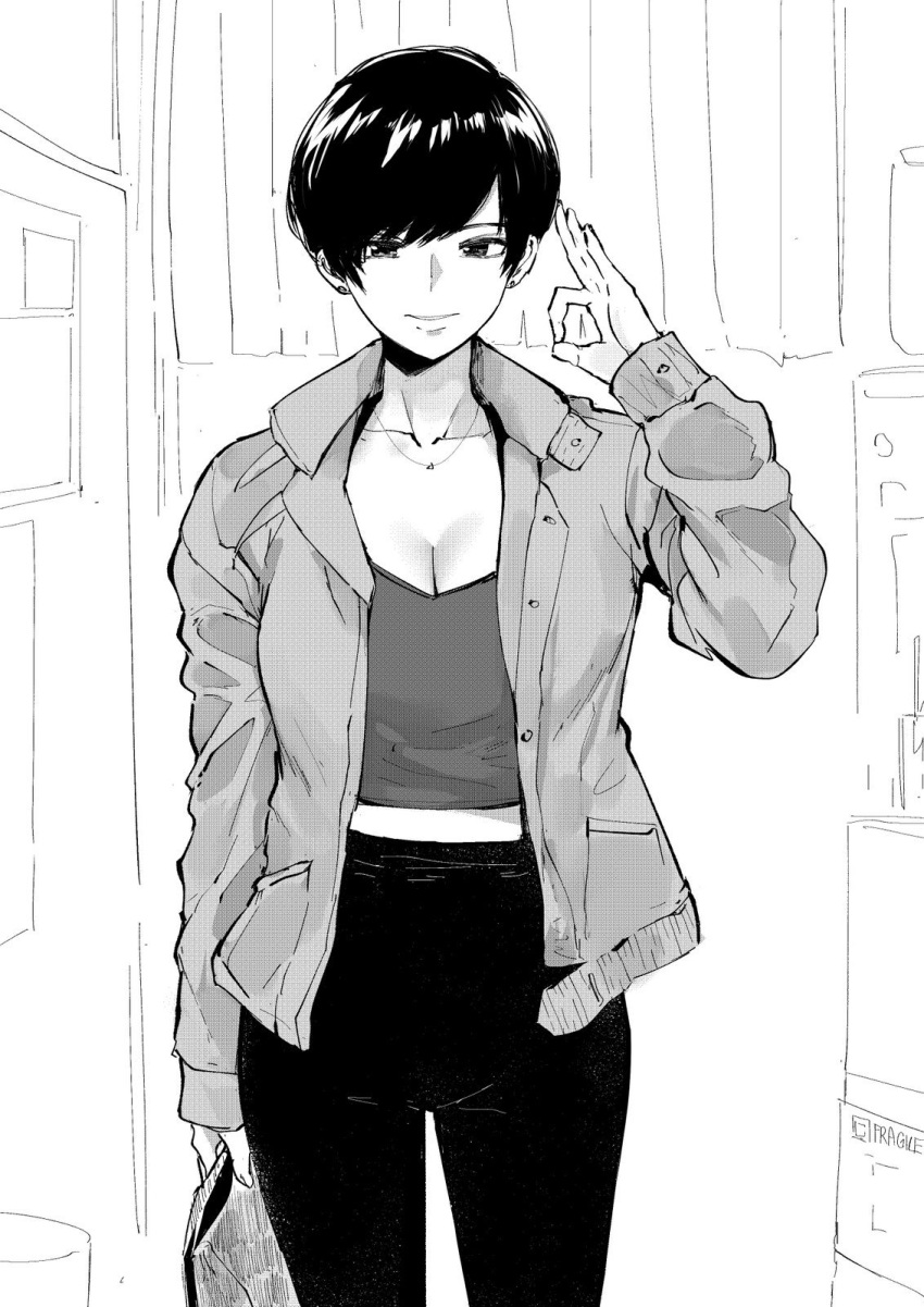 1girl, bag, bangs, breasts, casual, commentary, earrings, english_commentary
