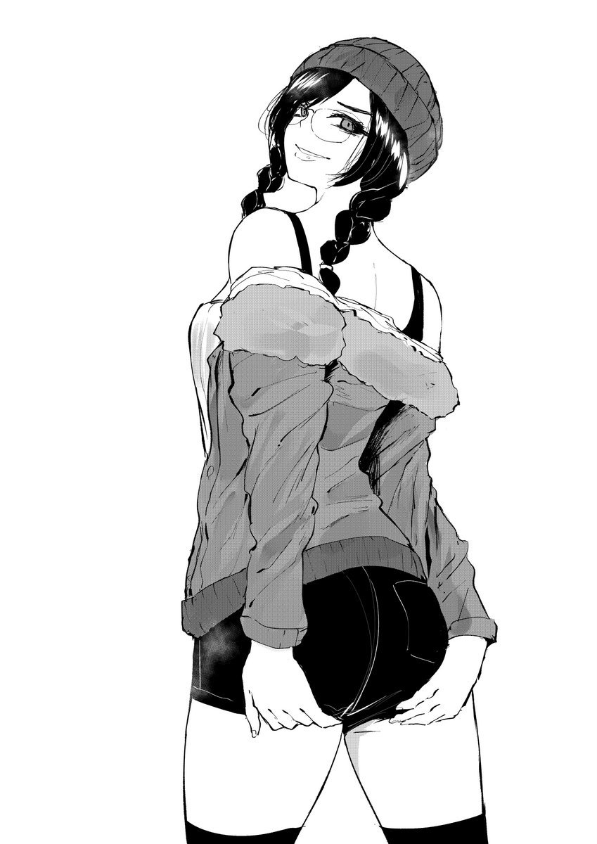 1girl, arm_support, ass, back, beanie, braid, breasts, casual