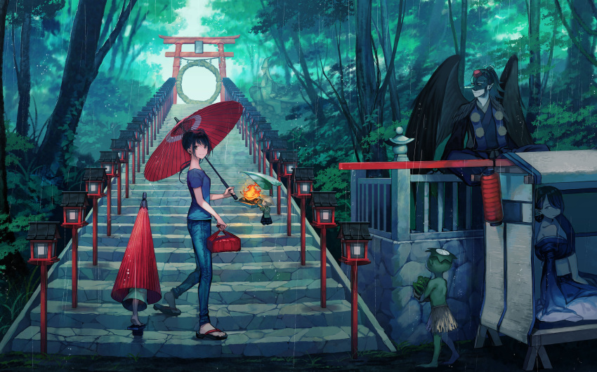 3boys, 3girls, absurdres, basket, black_hair, black_wings, brown_eyes, denim