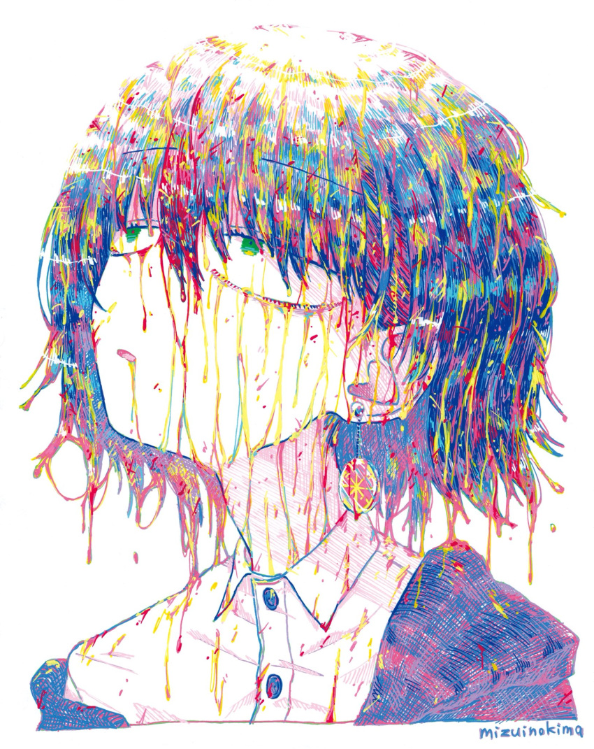 1girl, aqua_hair, artist_name, blank_stare, blonde_hair, blue_hair, blue_jacket, collared_shirt