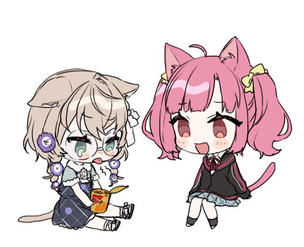 2girls, :d, achikita_chinami, ahoge, animal_ear_fluff, animal_ears, bangs, black_dress