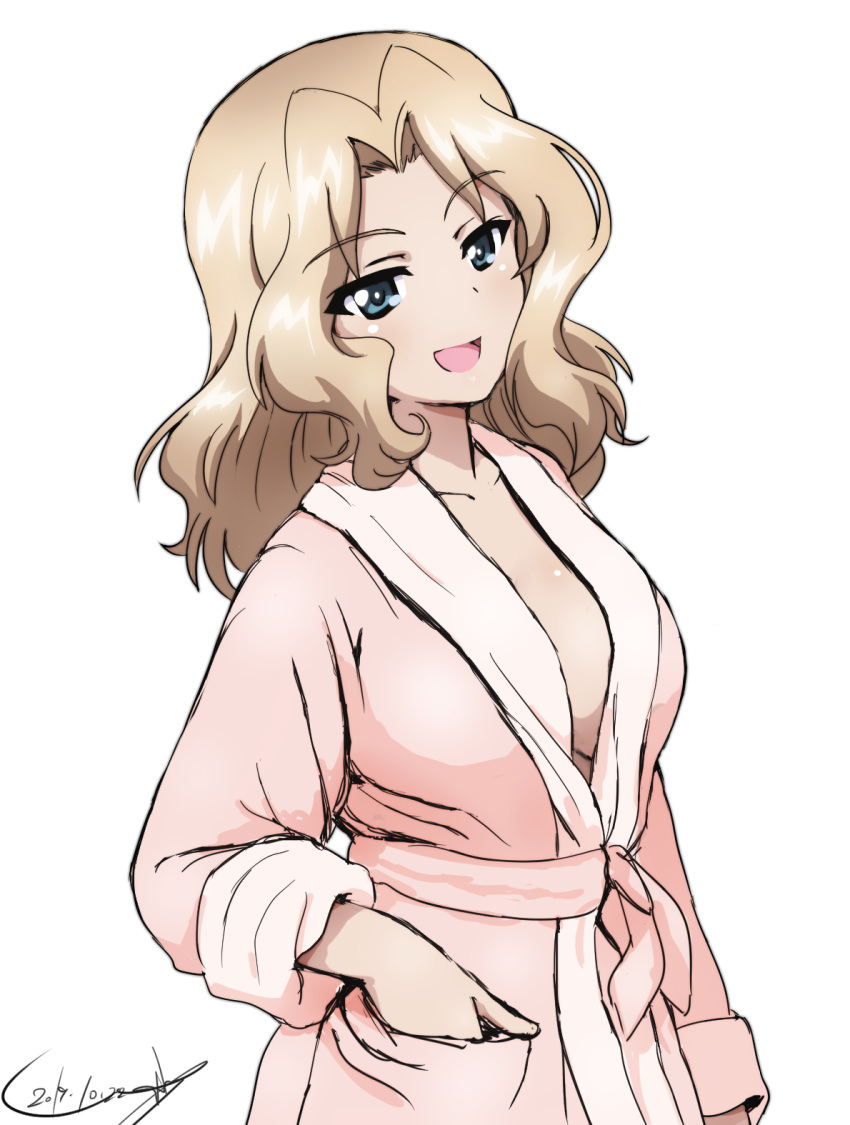 1girl, artist_name, bathrobe, blonde_hair, blue_eyes, breasts, bukkuri, commentary_request