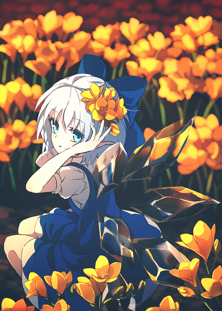 1girl, blue_bow, blue_dress, blue_eyes, blue_hair, bow, cirno, commentary