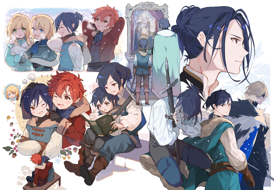 1girl, 5boys, alternate_costume, arms_up, belt, black_hair, blonde_hair, blue_eyes, book, brothers, brown_eyes, brown_gloves, closed_eyes, closed_mouth, coat, dimitri_alexandre_blaiddyd, eyepatch, father_and_son, felix_hugo_fraldarius, fire_emblem, fire_emblem:_three_houses, flowerchorus, from_side, fur_trim, gloves, green_eyes, holding, holding_book, hood, hood_down, ingrid_brandl_galatea, long_hair, long_sleeves, looking_back, multiple_boys, one_eye_closed, open_book, open_mouth, redhead, rodrigue_achille_fraldarius, scabbard, sheath, sheathed, short_hair, siblings, sitting, sword, sylvain_jose_gautier, weapon, younger