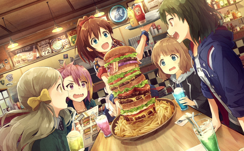 5girls, bacon, blue_eyes, brown_hair, diner, dutch_angle, fast_food, food, food_awe, french_fries, hamburger, handa_roko, highres, hood, hoodie, ice_cream, ice_cream_float, idolmaster, idolmaster_million_live!, ketchup, long_hair, maihama_ayumu, marimo_(momiage), menu, multiple_girls, mustard, nagayoshi_subaru, open_mouth, pink_hair, ponytail, restaurant, satake_minako, short_hair, sparkle, suou_momoko, too_much_hamburger