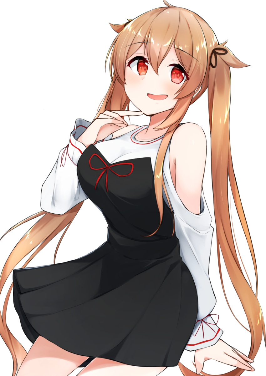 1girl, :d, bangs, bare_shoulders, black_dress, black_ribbon, blush, breasts
