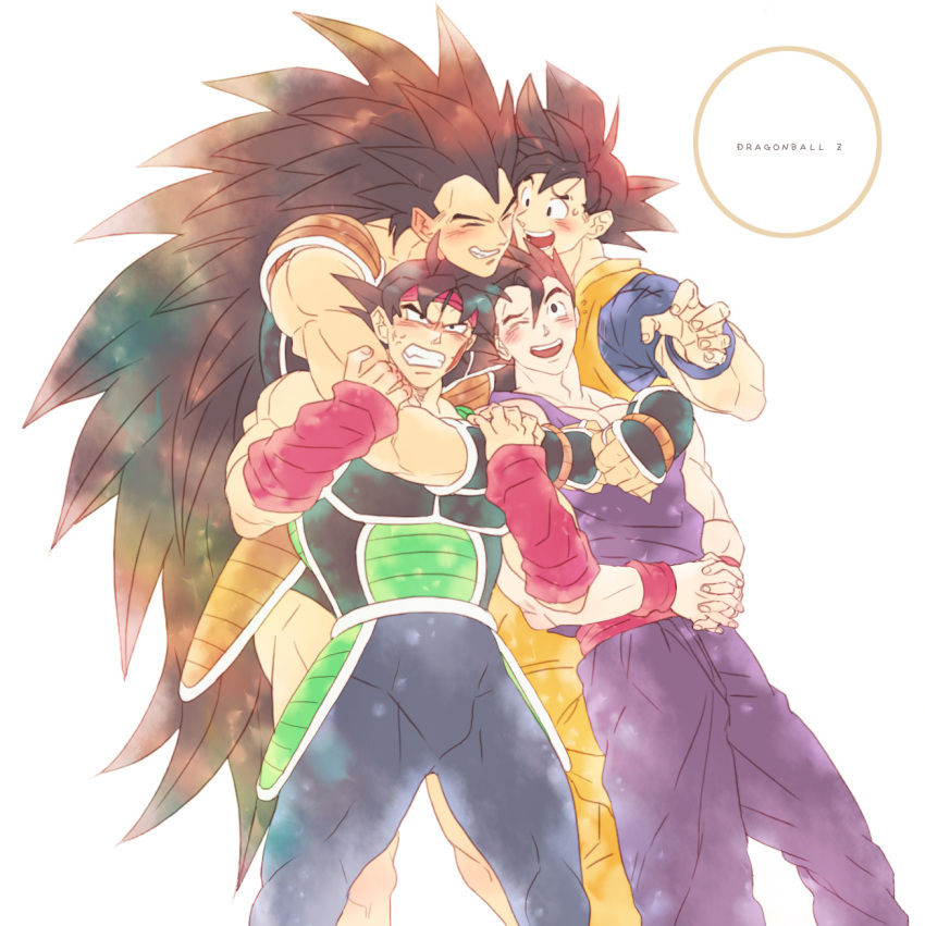 4boys, ;d, absurdly_long_hair, anger_vein, angry, annoyed, armor, bandana, bardock, black_eyes, black_hair, black_legwear, blush, brothers, clenched_teeth, copyright_name, dougi, dragon_ball, dragon_ball_z, facial_scar, father_and_son, feet_out_of_frame, fingernails, furrowed_eyebrows, grandfather_and_grandson, hands_clasped, happy, highres, hug, hug_from_behind, interlocked_fingers, kakipiinu, long_hair, looking_at_another, looking_up, male_focus, multiple_boys, nervous, one_eye_closed, open_mouth, own_hands_together, raditz, red_bandana, red_headwear, scar, scar_on_cheek, siblings, simple_background, smile, son_gohan, son_gokuu, standing, sweatdrop, teeth, uncle_and_nephew, very_long_hair, white_background, wristband