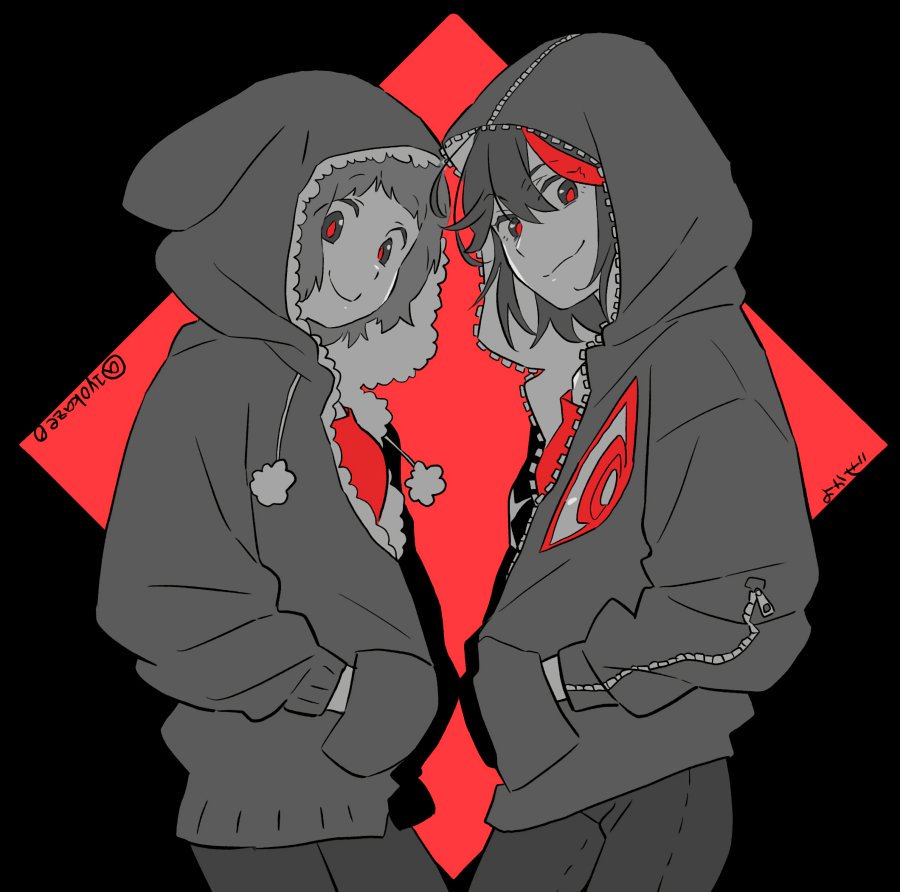 2girls, argyle, argyle_background, black_eyes, black_hair, diamond_(shape), eyebrows_visible_through_hair, eyes_visible_through_hair, face-to-face, grey_eyes, greyscale, hands_in_pockets, happy, hood, hood_up, hooded_jacket, jacket, kazaya, kill_la_kill, looking_at_viewer, mankanshoku_mako, matoi_ryuuko, monochrome, multicolored_hair, multiple_girls, pom_pom_(clothes), red_background, red_pupils, red_theme, redhead, senketsu, short_hair, simple_background, smile, spot_color, streaked_hair, twitter_username, two-tone_background, upper_body, zipper
