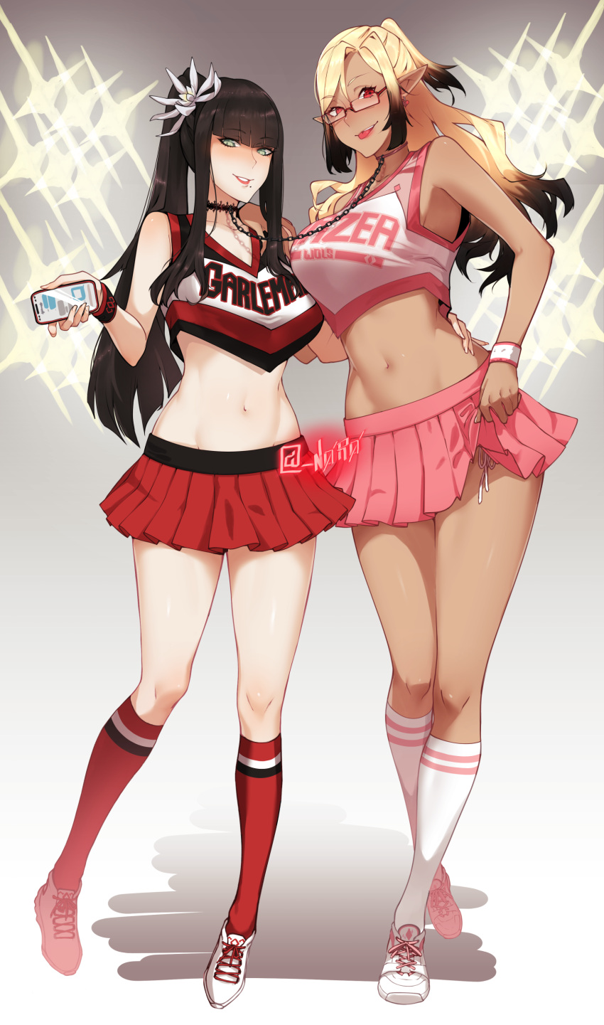 2girls, :p, absurdres, armpits, bangs, bar, black_hair, blonde_hair
