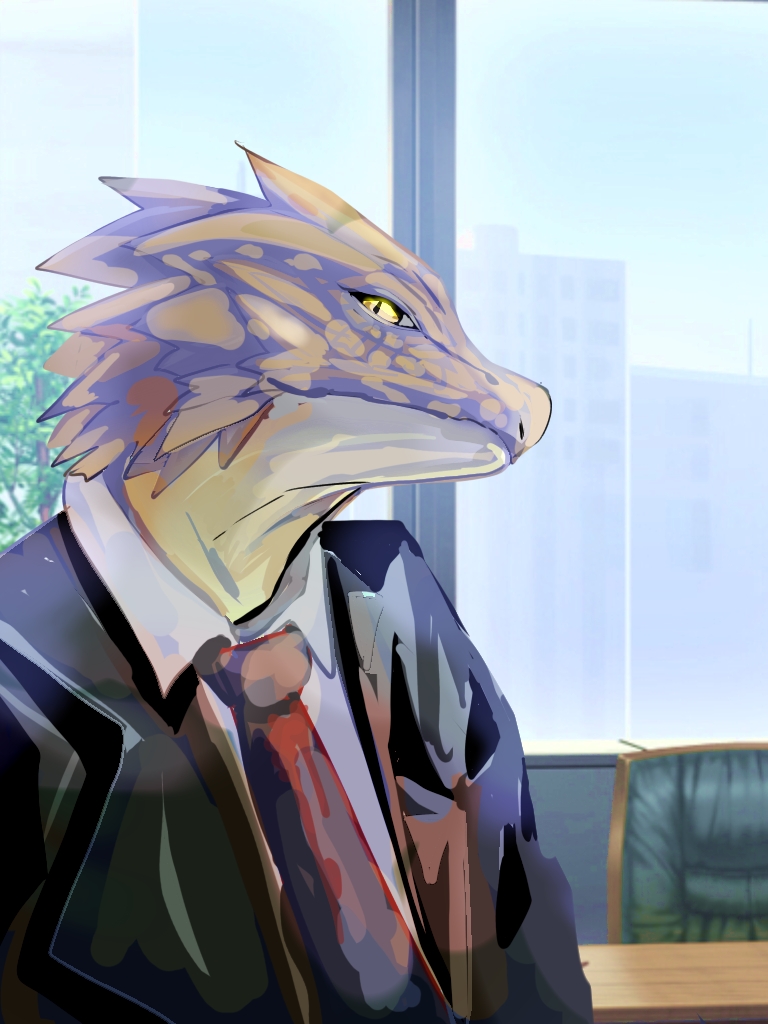 1boy, african_salaryman, black_suit, chair, desk, dogma_uepon, formal, indoors, lizard, lizard_(african_salaryman), necktie, solo, suit, upper_body, window, yellow_eyes