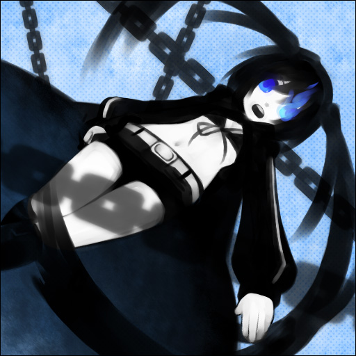 black&acirc;&tilde;&hellip;rock_shooter, black_rock_shooter, black_rock_shooter_(character), blue_eyes, chain, chains, long_hair, midriff