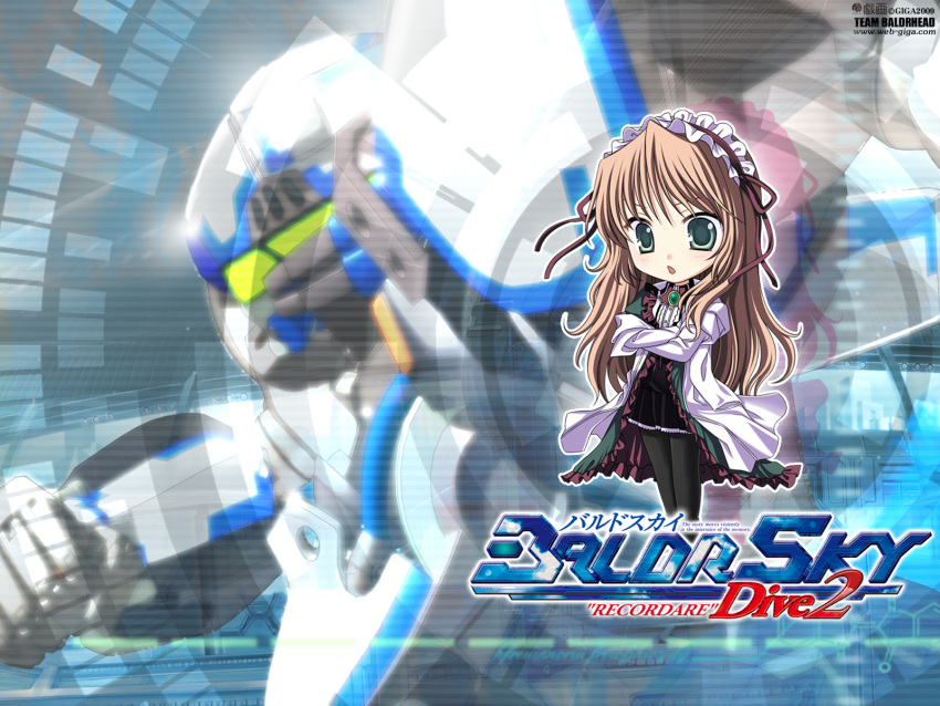 baldr_sky, brown_hair, chibi, green_eyes, long_hair, noi