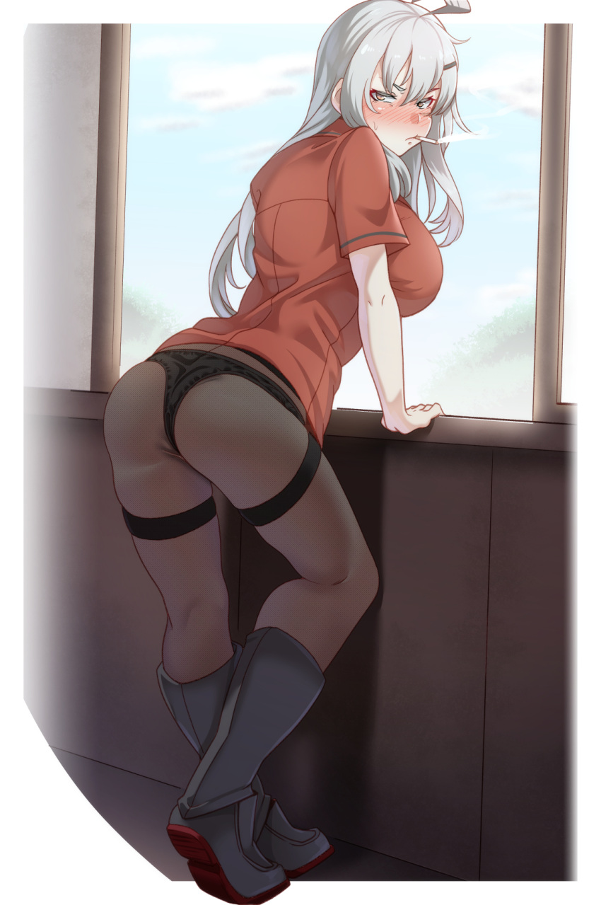1girl, ahoge, bangs, blush, boots, breasts, cigarette, clouds