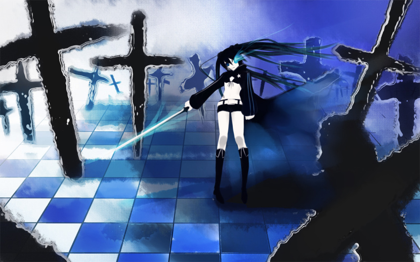 black&acirc;&tilde;&hellip;rock_shooter, black_hair, black_rock_shooter, black_rock_shooter_(character), blue_eyes, cross, katana, kaz_(pixiv61454)