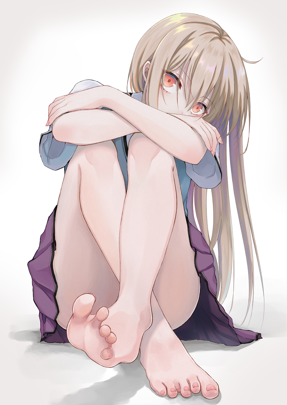 1girl, arms_on_knees, bangs, barefoot, blonde_hair, blue_vest, collared_shirt, commentary_request