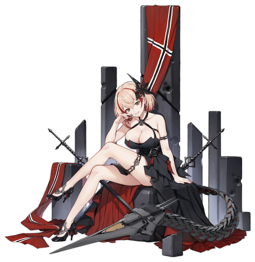 1girl, :d, alternative_costume, arm_strap, arm_support, azur_lane, bangs, bare_shoulders