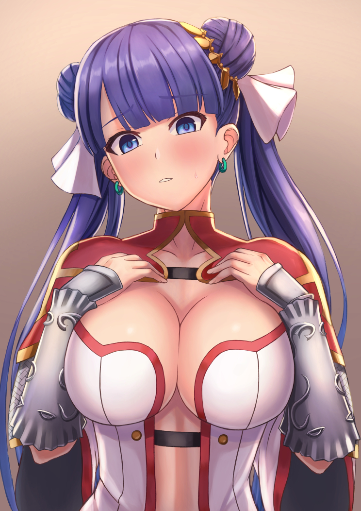 1girl, bangs, blunt_bangs, blush, breasts, center_opening, choker, double_bun