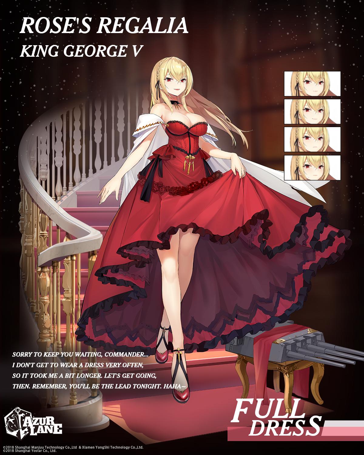 1girl, :d, alternative_costume, azur_lane, bangs, blonde, blush, braid, breasts, cannon, character_name, choker, clavicle, cleavage, crossed_legs, dress, english_, english_text, enka_(bcat), expression_chart, expressionless, female, floating_hair, french_braid, gold, hair_ornament, hair_ribbon, high_resolution, king_george_v_(azur_lane), king_george_v_(rose's_regalia)_(azur_lane), large_breasts, logo, looking_at_viewer, official_art, open_mouth, red_dress, red_eyes, ribbon, sidelocks, skirt_hold, smile, stairs, strapless, strapless_dress, text, tied_hair, watson_cross