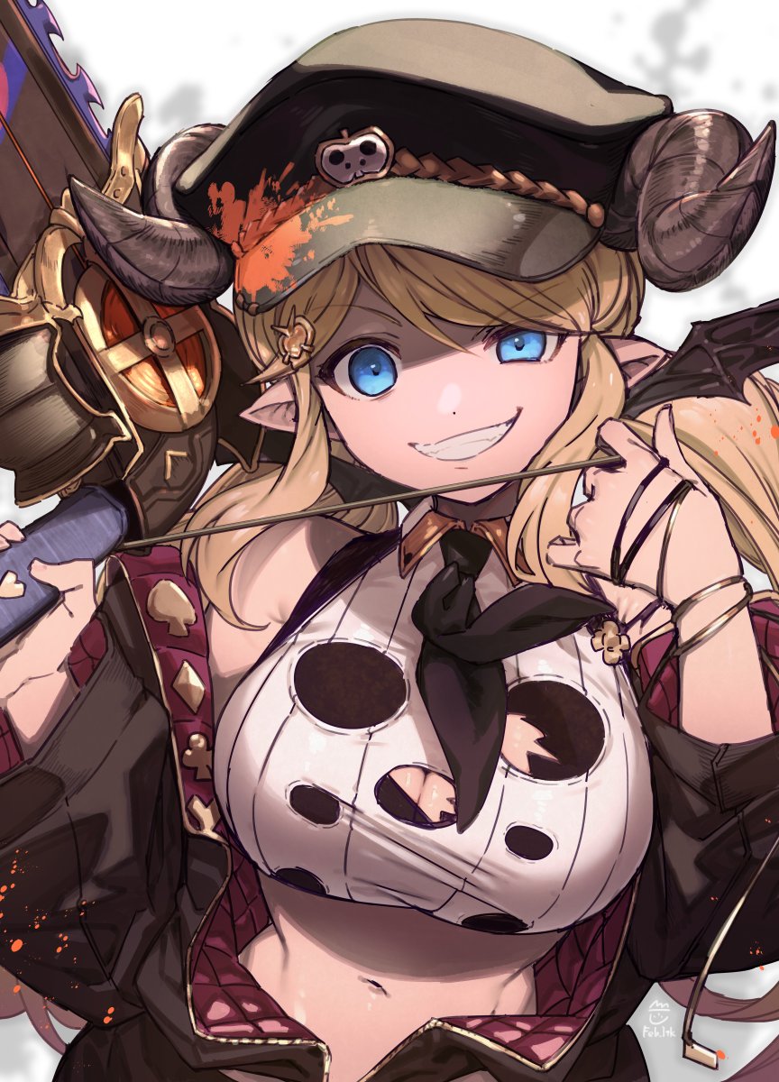 blonde_hair, blue_eyes, breasts, chainsaw, cleavage_cutout, draph, feb_itk, granblue_fantasy