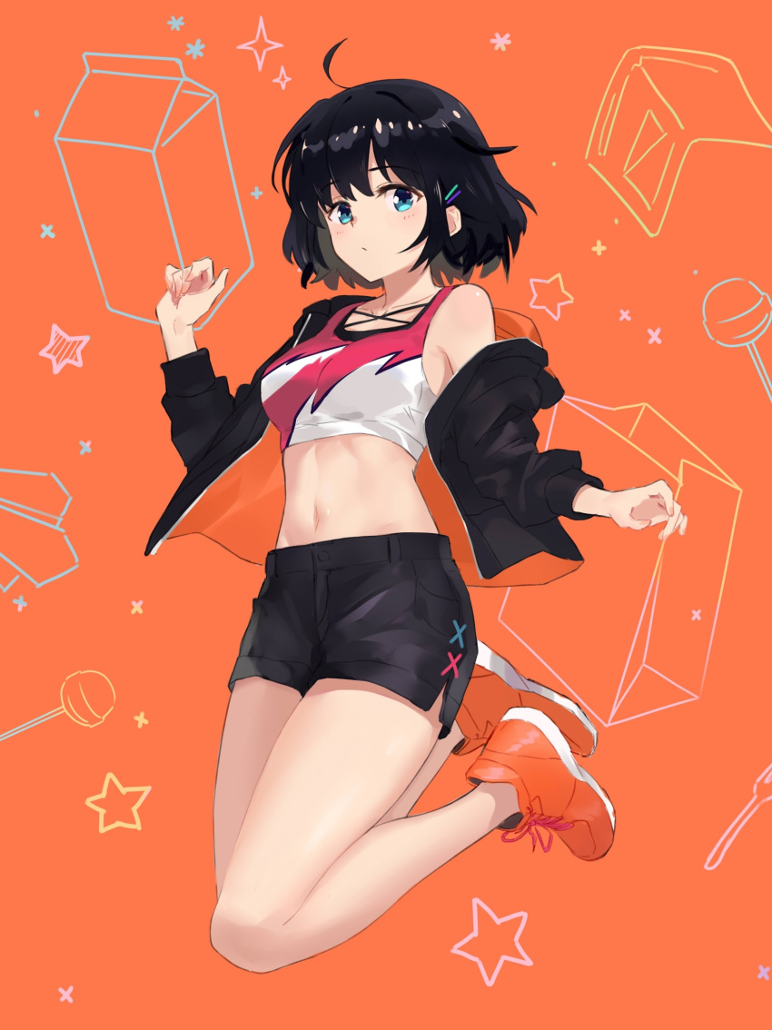 1girl, ahoge, bare_legs, bare_shoulders, black_hair, black_jacket, black_shorts, blue_eyes