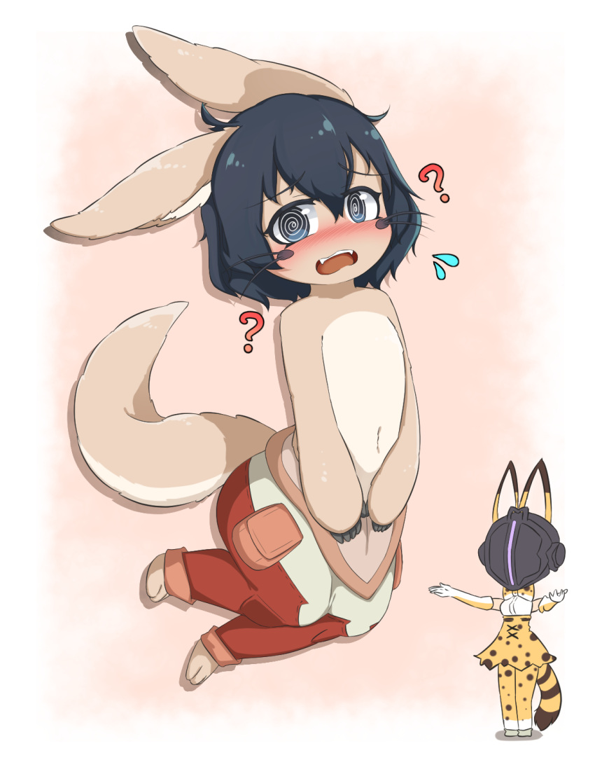 2girls, :o, ?, @_@, animal_ears, black_eyes, black_hair, blush, bondrewd, bow, bowtie, ears_through_headwear, elbow_gloves, embarrassed, fangs, flying_sweatdrops, furry, fusion, gloves, helmet, high-waist_skirt, highres, kaban_(kemono_friends), kemono_friends, looking_at_viewer, made_in_abyss, multiple_girls, nanachi_(made_in_abyss), no_headwear, outstretched_arms, pants, paws, pink_background, pouch, print_legwear, print_neckwear, print_skirt, scorpion_(js60216), serval_(kemono_friends), serval_print, serval_tail, short_hair, simple_background, skirt, spread_arms, tail, wavy_mouth, whiskers