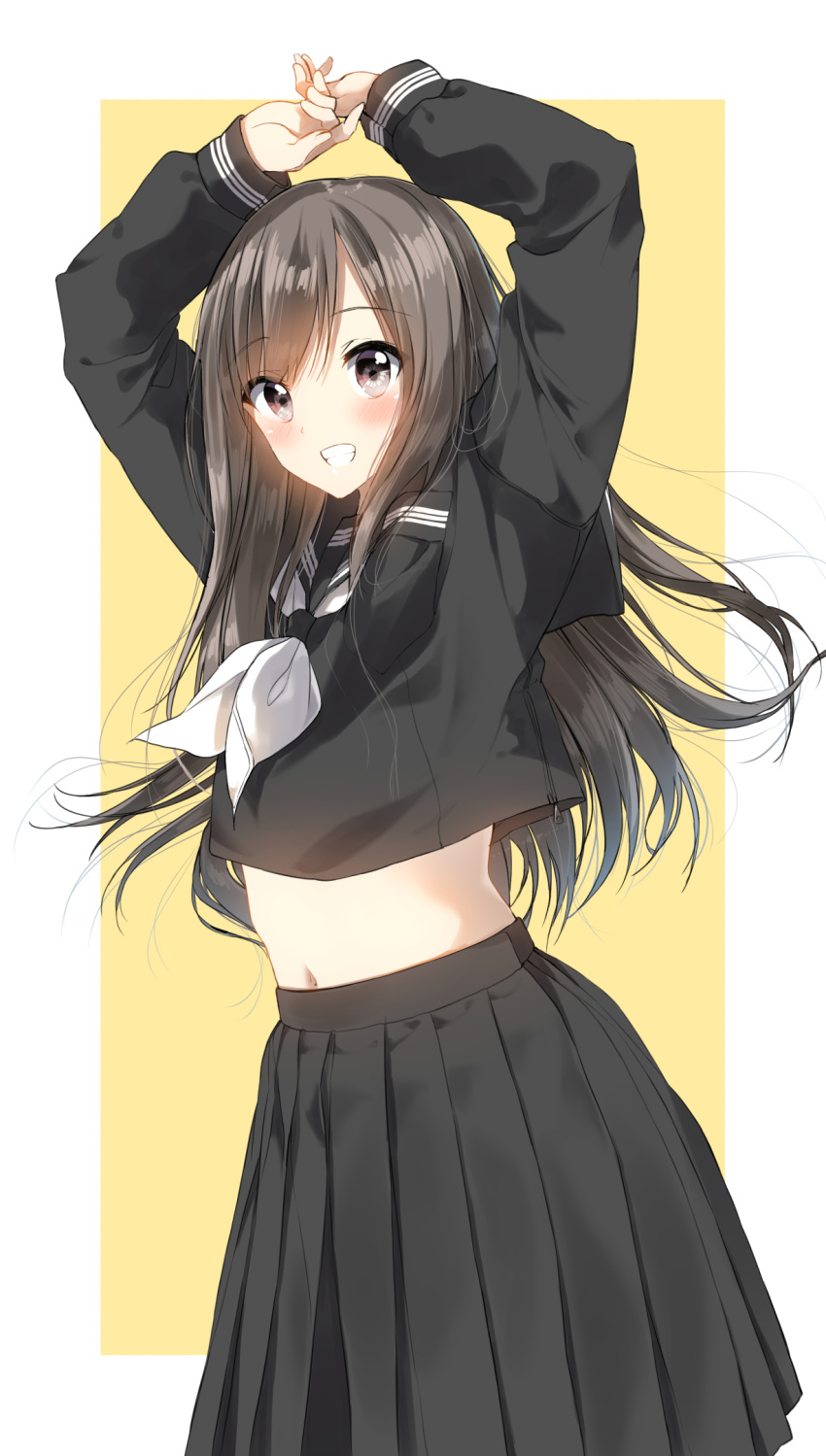 1girl, arms_up, black_hair, black_sailor_collar, black_serafuku, black_shirt, black_skirt, blush