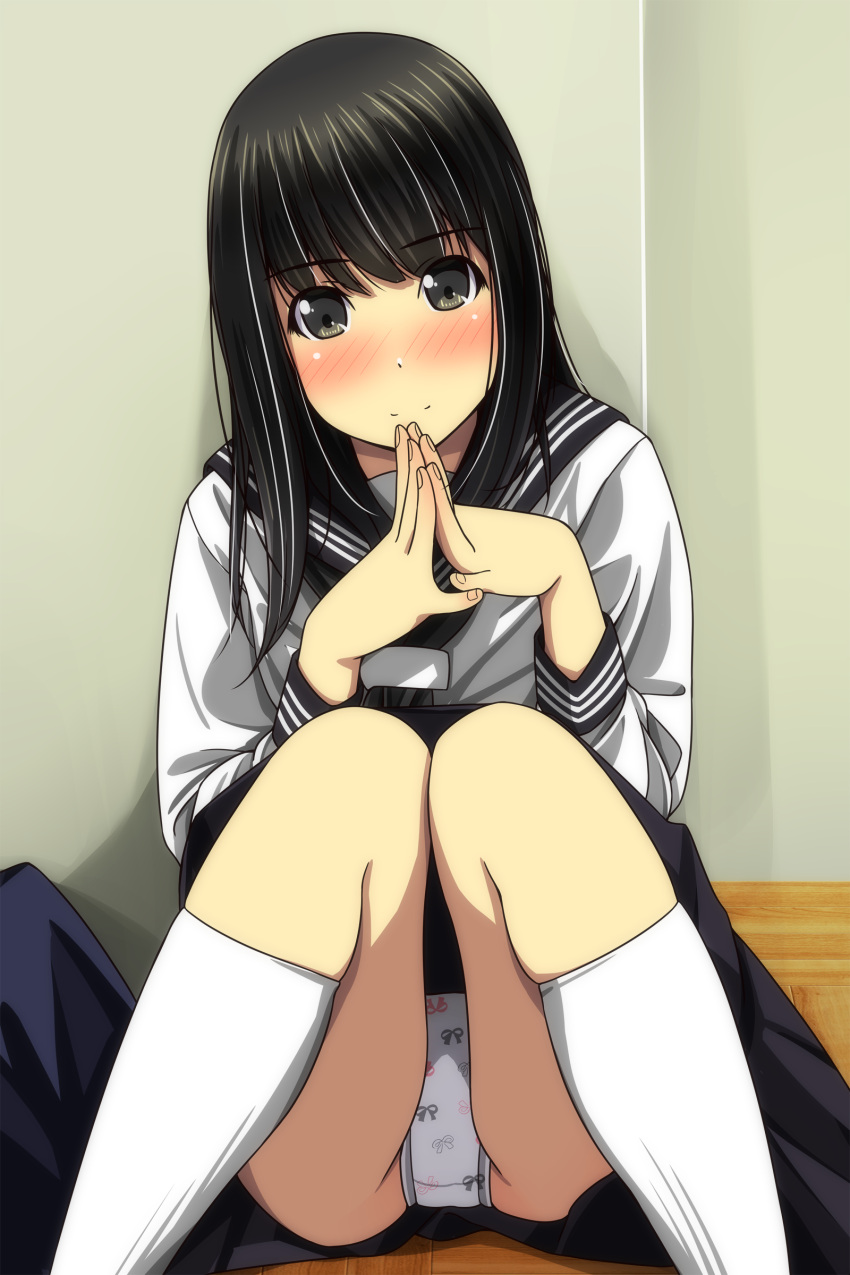 1girl, absurdres, bangs, black_hair, black_neckwear, black_sailor_collar, black_skirt, blush, bow_print, brown_eyes, closed_mouth, eyebrows_visible_through_hair, feet_out_of_frame, hands_together, hands_up, highres, kneehighs, knees_together_feet_apart, knees_up, long_hair, long_sleeves, looking_at_viewer, matsunaga_kouyou, nose_blush, on_floor, original, own_hands_together, panties, pleated_skirt, print_panties, sailor_collar, school_uniform, serafuku, shirt, sitting, skindentation, skirt, smile, solo, underwear, white_legwear, white_panties, white_shirt, wooden_floor