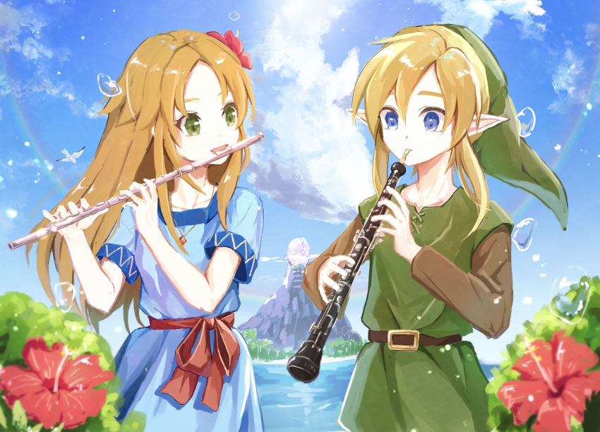 10s, 1boy, 1girl, 90s, :d, bangs, belt, belt_buckle, bird, blonde_hair, blue_dress, blue_eyes, buckle, character_name, clarinet, clouds, collarbone, commentary_request, cowboy_shot, day, dress, elf, flower, flute, green_eyes, green_headwear, hair_flower, hair_ornament, hibiscus, highres, human, hylian, instrument, jewelry, link, long_hair, long_sleeves, marin_(the_legend_of_zelda), mountain, music, necklace, nintendo, nintendo_ead, ocean, open_mouth, orange_hair, outdoors, parted_bangs, pendant, playing_instrument, pointy_ears, red_flower, red_ribbon, ribbon, seagull, short_sleeves, sidelocks, smile, tete_tuyuten, the_legend_of_zelda, the_legend_of_zelda:_link's_awakening, tunic, water, water_drop, windfish's_egg