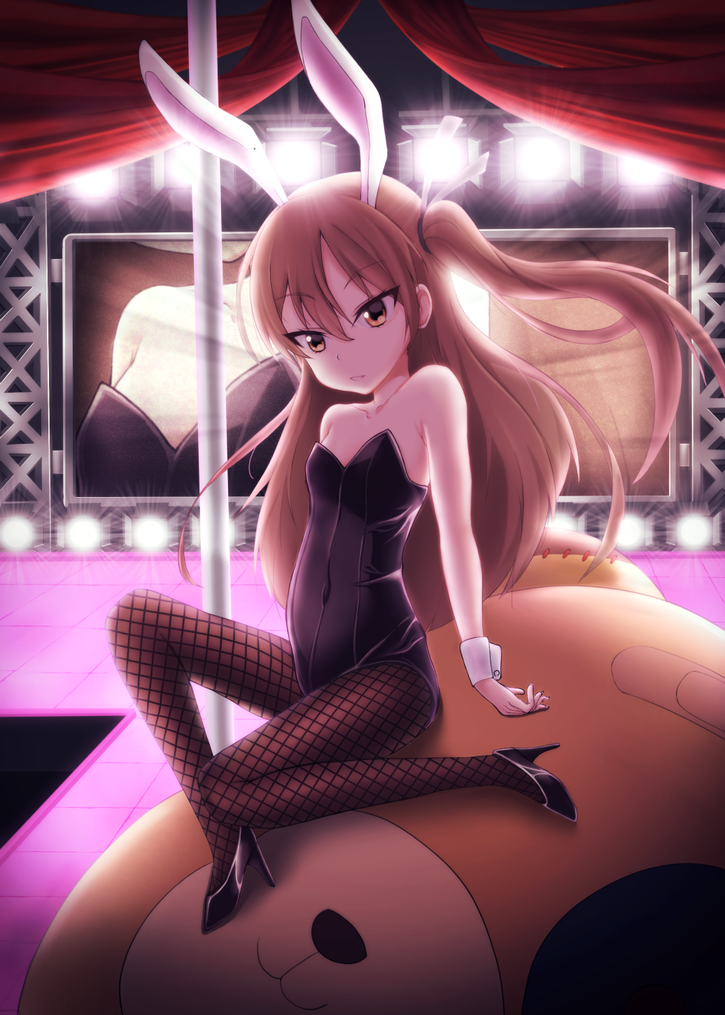1girl, animal_ears, black_leotard, blonde_hair, blush, boko_(girls_und_panzer), breasts, brown_eyes