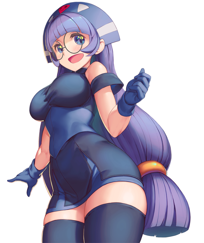 1girl, bangs, bare_shoulders, black_gloves, black_legwear, blush, boots, breasts, commentary_request, dress, from_below, glasses, gloves, gluko, hair_ornament, headdress, headset, large_breasts, long_hair, open_mouth, purple_hair, rokumon_tengai_mon_colle_knight, rotix, simple_background, smile, solo, thigh-highs, thigh_boots, violet_eyes, white_background