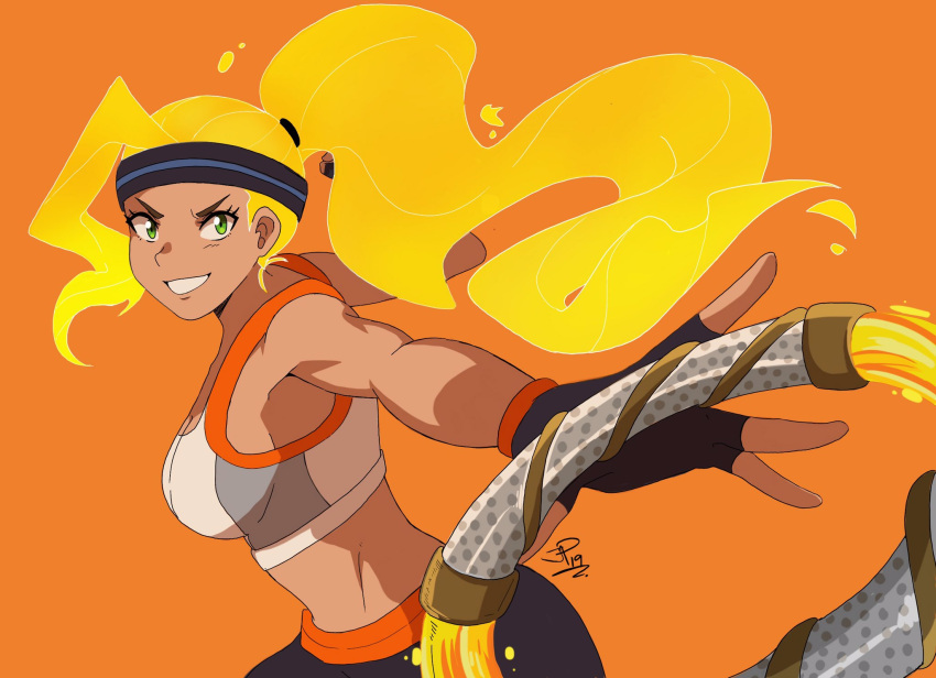 1girl, black_pants, blonde_hair, energy_hair, fingerless_gloves, gloves, green_eyes, headband