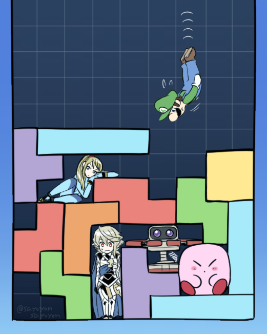 1girl, 2boys, 2others, arm_rest, blonde_hair, blue_cape, blue_eyes, bodysuit