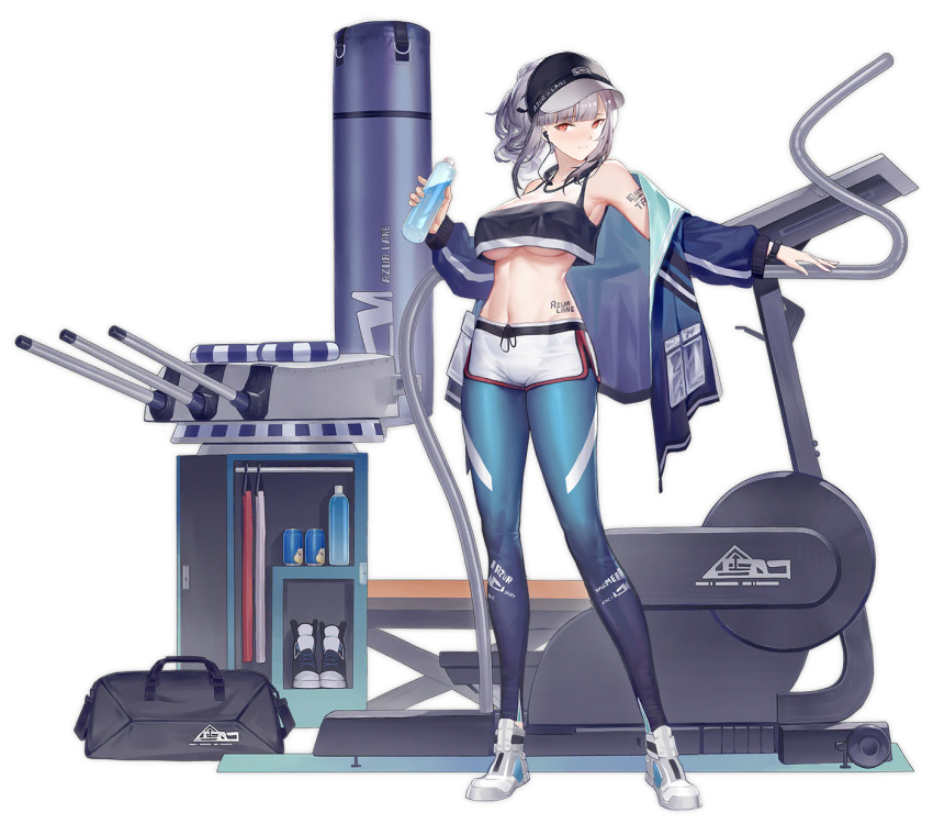 1girl, alternate_costume, armpits, artist_request, azur_lane, bag, bangs, baseball_cap, blue_jacket, blue_legwear, blunt_bangs, blush, body_writing, bottle, breasts, cannon, character_name, clothes_writing, covered_nipples, crop_top, crop_top_overhang, duffel_bag, earphones, exercise_machine, expressions, full_body, giulio_cesare_(azur_lane), giulio_cesare_(fitness_master)_(azur_lane), gradient, gradient_legwear, grey_hair, gujianshaonv, hat, highres, holding, holding_bottle, jacket, large_breasts, looking_at_viewer, multicolored, multicolored_clothes, multicolored_legwear, navel, official_art, pantyhose, ponytail, red_eyes, shoes, short_shorts, shorts, sidelocks, sleeveless, sneakers, solo, stomach, toned, turret, under_boob, watermark, wavy_hair, white_shorts, wristband