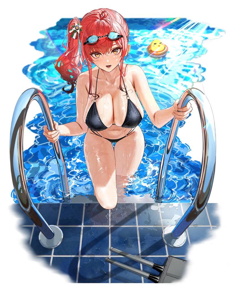 1girl, :d, ahoge, alternative_costume, asymmetrical_hair, azur_lane, bare_shoulders, bikini, bird, black_bikini, black_swimsuit, blurry, blurry_background, breasts, brown_eyes, cannon, chick, clavicle, cleavage, climbing, eyebrows_visible_through_hair, female, glint, goggles, goggles_on_head, large_breasts, lifebuoy, looking_at_viewer, manjuu_(azur_lane), medal, mouth_hold, mr_cloud, navel, official_art, palm_tree, ponytail, pool, pool_ladder, poolside, redhead, ripples, side_ponytail, skindentation, smile, solo, sunlight, swimsuit, tachi-e, thigh_gap, thighs, tied_hair, tile_floor, tiles, transparent_background, tree, turret, water, wet, whistle, whistle_around_neck, zara_(azur_lane), zara_(poolside_coincidence)_(azur_lane)