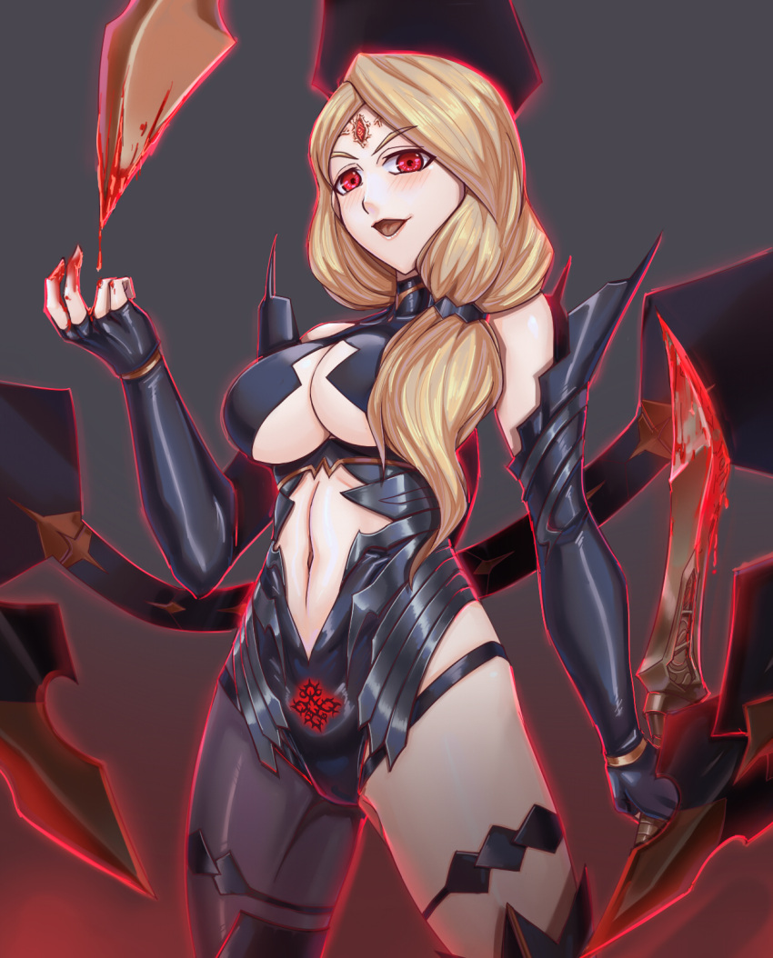 1girl, blonde_hair, blood, breasts, center_opening, cosplay, dark_persona, fire_emblem