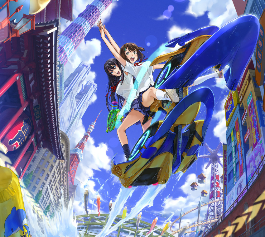 2girls, :d, aoi_misa, bangs, bare_legs, black_hair, blue_eyes, blue_skirt
