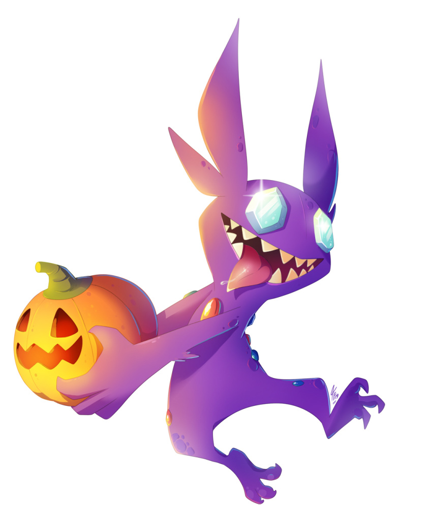 1other, creatures_(company), darkness_(specie), diamond, fangs, game_freak, gen_3_pokemon, halloween, holding, nintendo, no_humans, olm_digital, open_mouth, pokemon, pokemon_(creature), pumpkin, purple_skin, sableye, simple_background, tamarinfrog, tongue_out