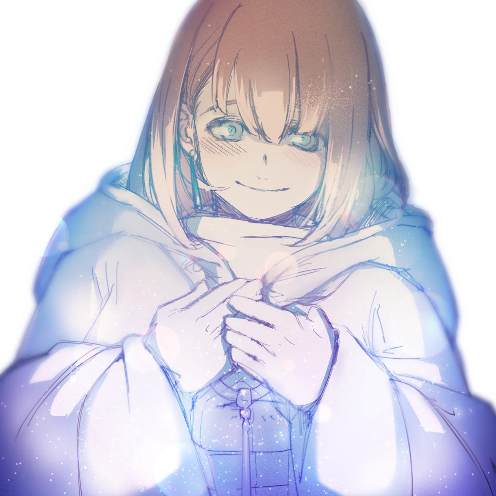 1girl, blush, brown_hair, closed_mouth, earrings, gloves, green_eyes, hood