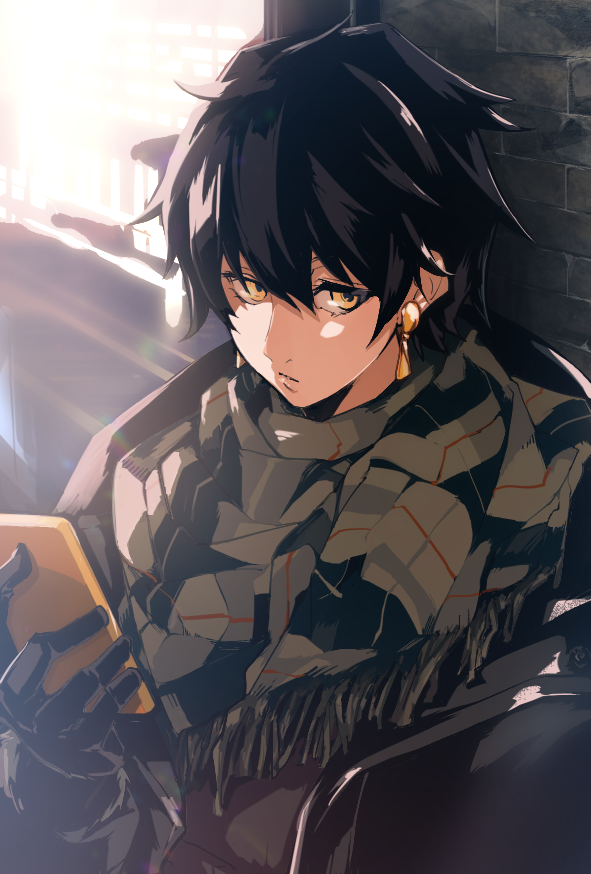 1girl, black_gloves, black_hair, earrings, gloves, holding, holding_phone, jewelry