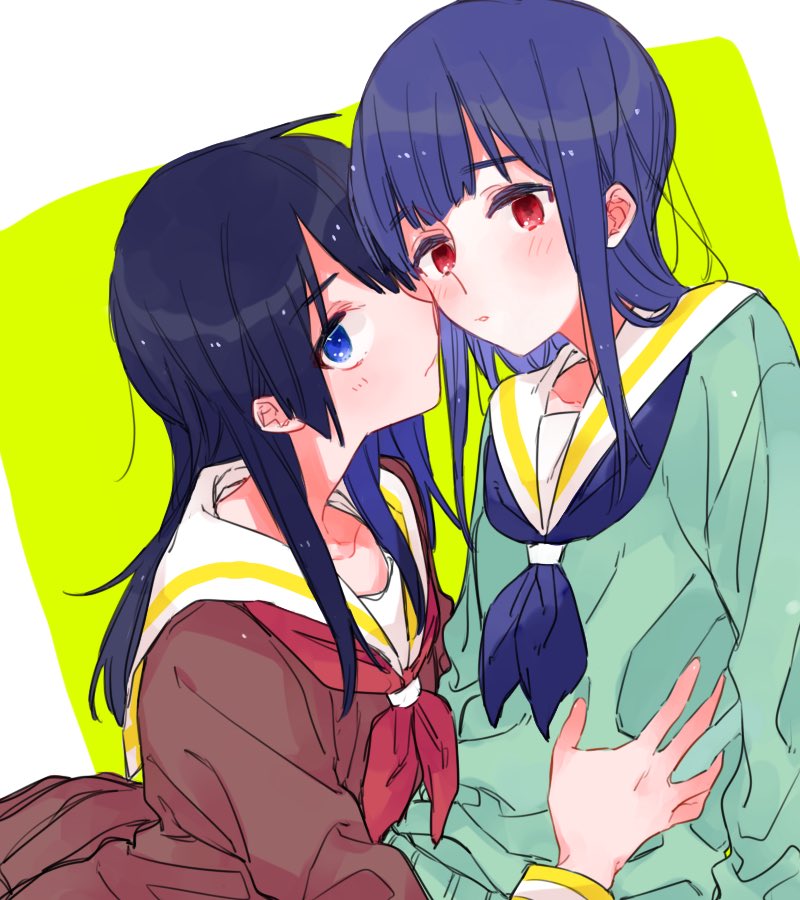 2girls, black_hair, blue_eyes, blue_hair, blue_neckwear, brown_serafuku, green_serafuku, hibike!_euphonium